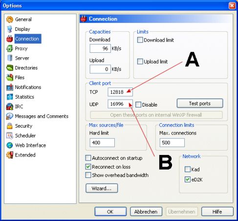 Capture historique du guide officiel eMule : A désigne TCP, B UDP. Les numéros sont des exemples ; lisez ceux de votre client. Ce n’est ni un écran Windows 11 ni notre propre test de la version 0.72a.
